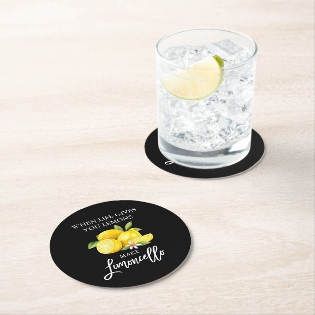 Brush Script Black Watercolor Lemons Limoncello Round Paper Coaster (Insitu)