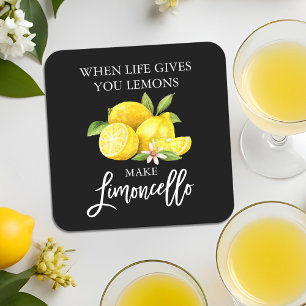 Brush Script Black Watercolor Lemons Limoncello Square Paper Coaster