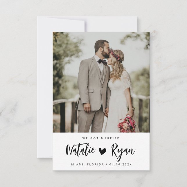  brush script black & white wedding announcement (Front)