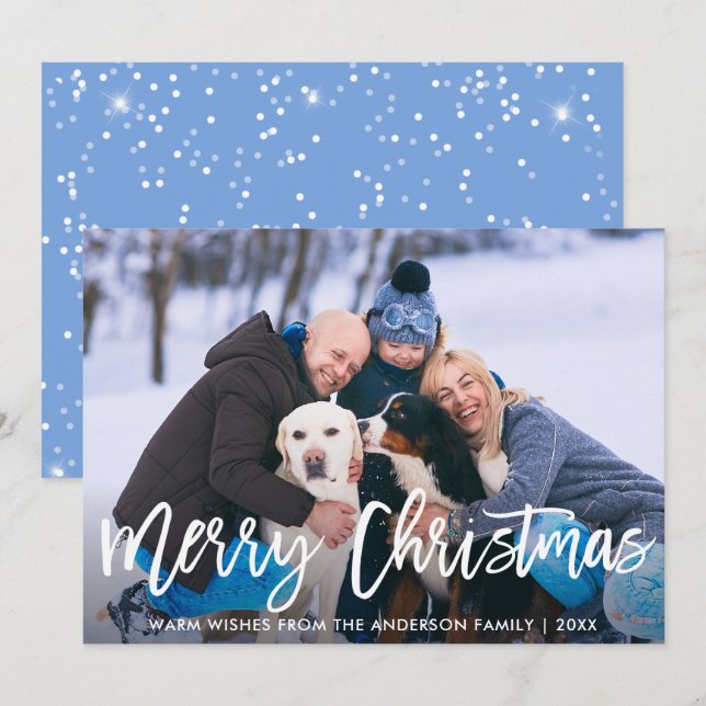 Brush Script Blue Merry Christmas Family Card (Front/Back)