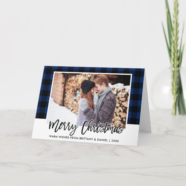 Brush Script Blue Plaid Couple Photo Christmas Holiday Card (Front)