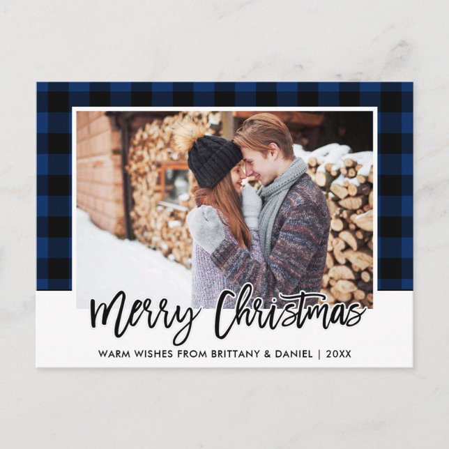 Brush Script Blue Plaid Couple Photo Christmas Postcard (Front)