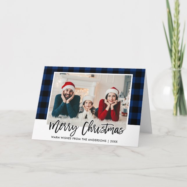 Brush Script Blue Plaid Family Photo Christmas Holiday Card (Front)