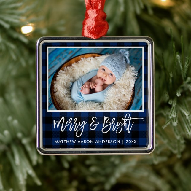 Brush Script Blue Plaid Merry and Bright Baby Metal Tree Decoration (Tree)