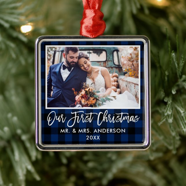 Brush Script Blue Plaid Wedding First Christmas Metal Tree Decoration (Tree)