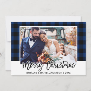 Brush Script Blue Plaid Wedding Photo Christmas Holiday Card