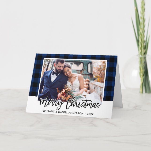 Brush Script Blue Plaid Wedding Photo Christmas Holiday Card (Front)