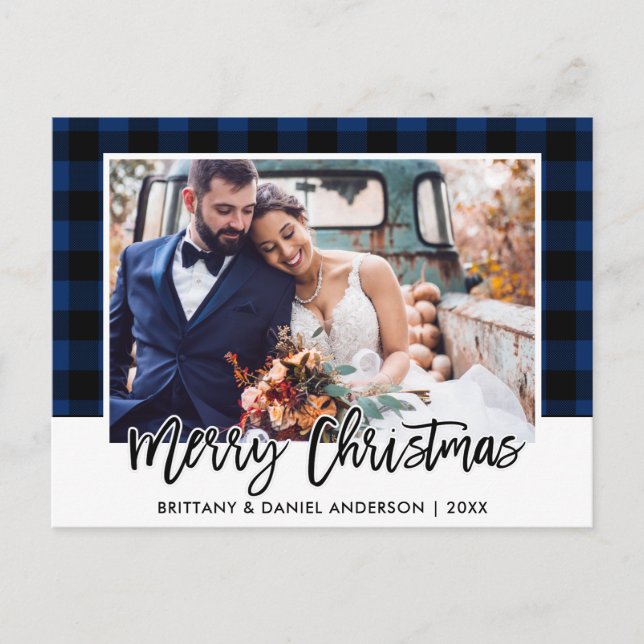 Brush Script Blue Plaid Wedding Photo Christmas Postcard (Front)