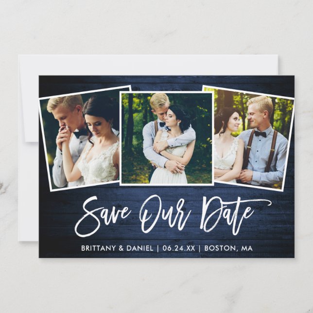 Brush Script Blue Wood 3 Photo Save Our Date Card (Front)