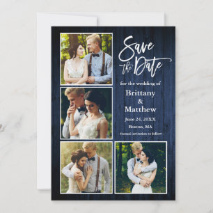 Brush Script Blue Wood Couple 4 Photo Save The Date