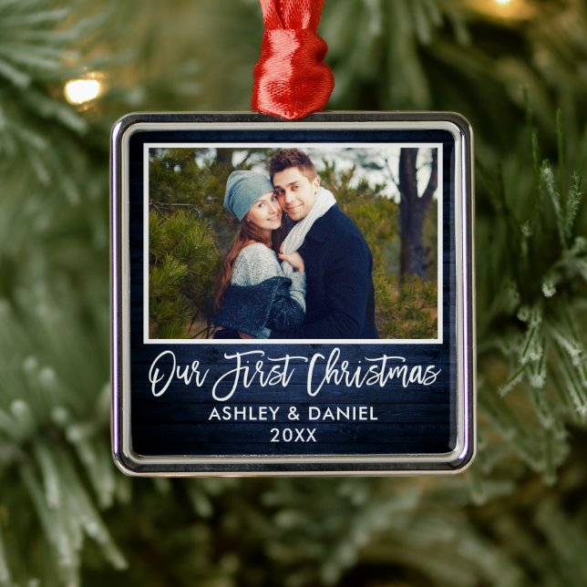 Brush Script Blue Wood Couple Our First Christmas Metal Tree Decoration (Tree)
