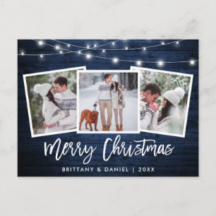 Brush Script Blue Wood Lights 3 Photo Christmas Postcard