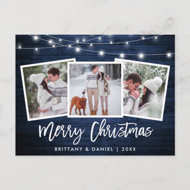 Brush Script Blue Wood Lights 3 Photo Christmas Postcard (Front)