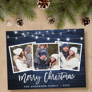 Brush Script Blue Wood Lights 3 Photo Christmas Postcard
