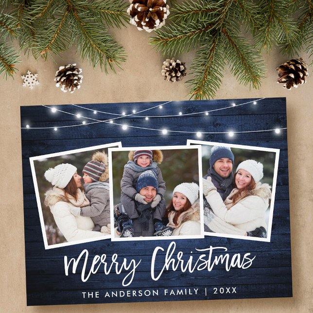 Brush Script Blue Wood Lights 3 Photo Christmas Postcard (Customize to change your personalized text size or text style.)