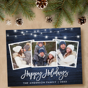 Brush Script Blue Wood Lights Holiday 3 Photo Postcard