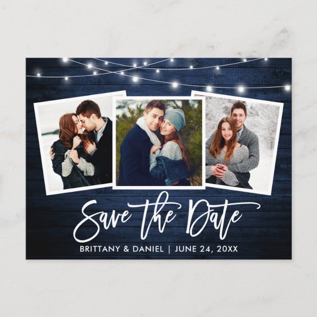 Brush Script Blue Wood Lights Photo Save The Date Postcard (Front)