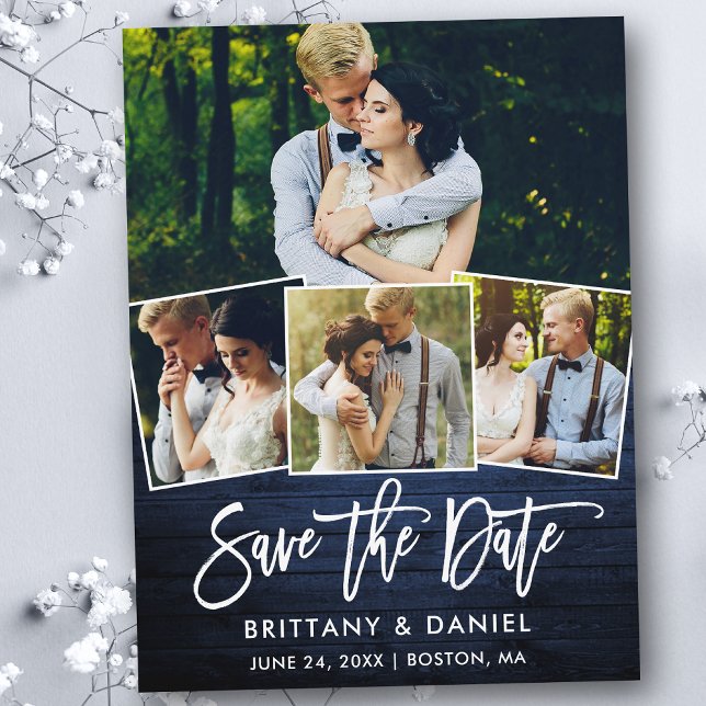 Brush Script Blue Wood Save The Date 4 Photo Postcard (Customize to change your personalized text size or text style.)
