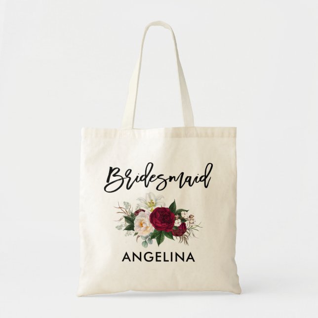 Brush Script Botanical Floral Bridesmaid Tote Bag (Front)