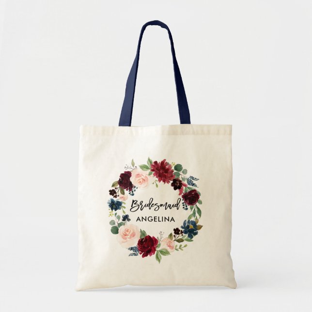 Brush Script Bridesmaid Burgundy Floral Blue Tote Bag (Front)