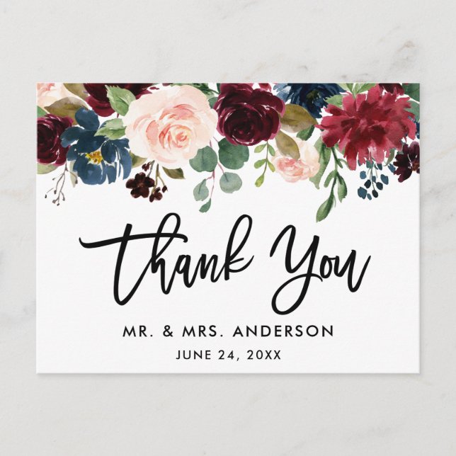 Brush Script Burgundy Blue Floral Wedding Thanks Postcard (Front)