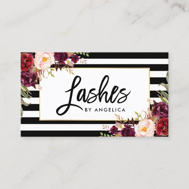 Brush Script Burgundy Floral Lashes Striped Business Card (Front)