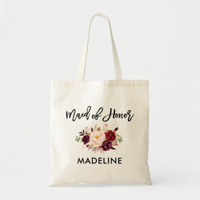 Brush Script Burgundy Floral Maid of Honour Tote Bag (Front)