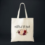 Brush Script Burgundy Floral Mother of The Bride Tote Bag<br><div class="desc">Modern Trendy Brush Script Watercolor Burgundy Marsala Floral Mother of The Bride Tote Bag</div>