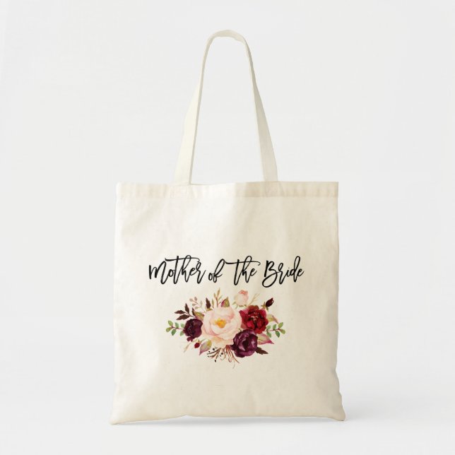 Brush Script Burgundy Floral Mother of The Bride Tote Bag (Front)