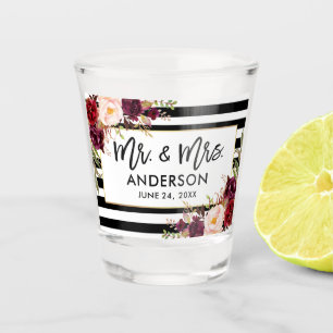 Brush Script Burgundy Floral Striped Mr. and Mrs. Shot Glass