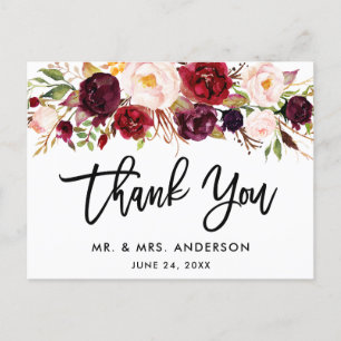 Brush Script Burgundy Floral Wedding Thank You Postcard