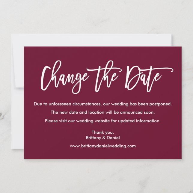 Brush Script Change The Date Burgundy Card (Front)