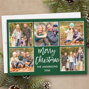 Brush Script Christmas 5 Photo Green Holiday Card