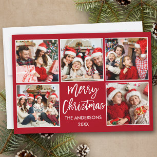 Brush Script Christmas 5 Photo Red Holiday Card