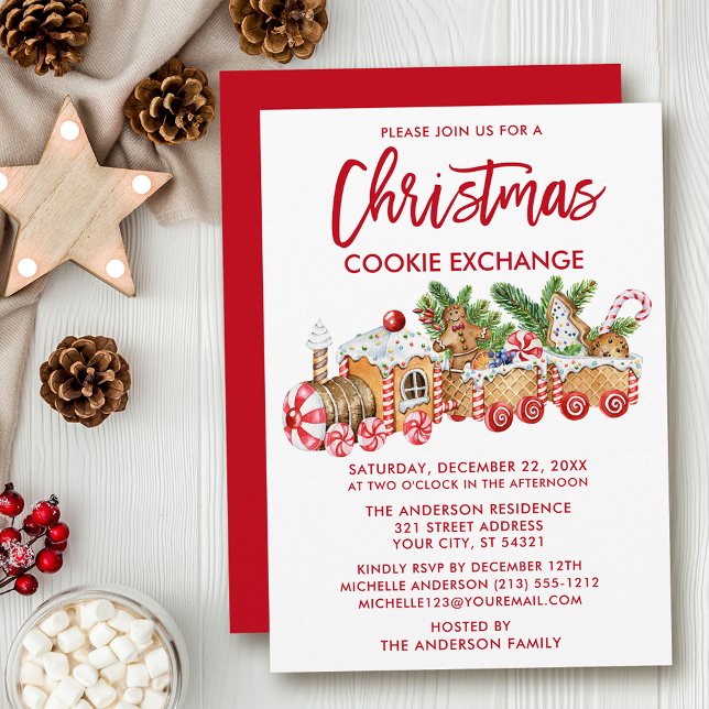 Brush Script Christmas Cookie Exchange Red Invitation (Customize to change your personalized text size, style, color or to change color of back of card.)