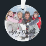 Brush Script Christmas Family Photo White Ribbon Ornament<br><div class="desc">Modern Brush Script Family Photo Merry Christmas Ornament</div>