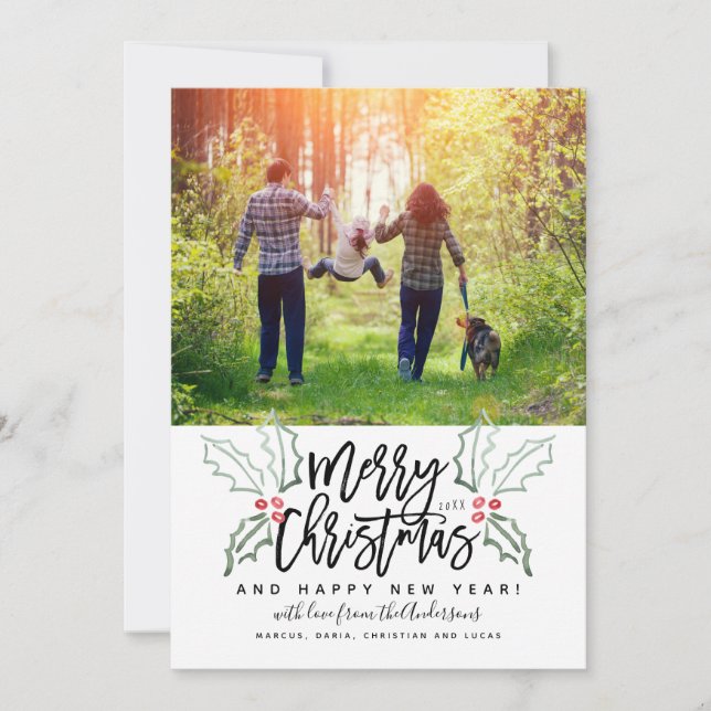 Brush Script Christmas Hollies Holiday Card (Front)