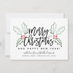 Brush Script Christmas Hollies Holiday Card