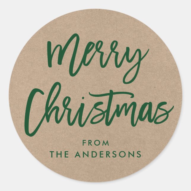 Brush Script Christmas Kraft Green Gift Sticker (Front)