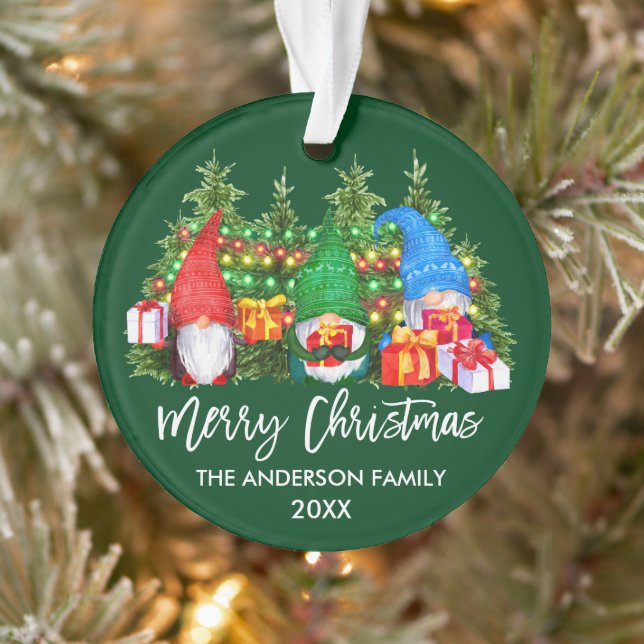 Brush Script Christmas Lights Watercolor Gnomes Ornament (Tree)