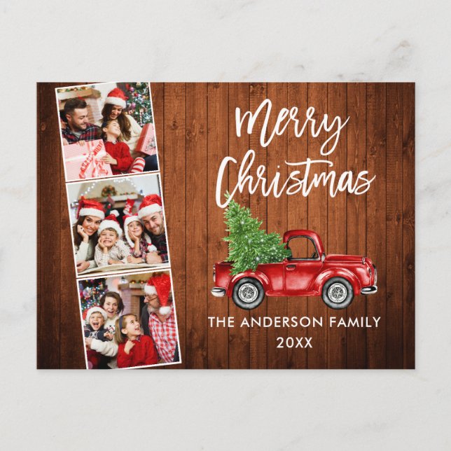 Brush Script Christmas Red Truck Wood 3 Photo Postcard (Front)