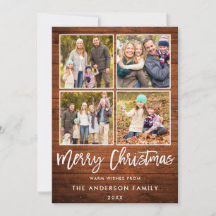 Brush Script Christmas Rustic Wood 4 Photo Holiday Card