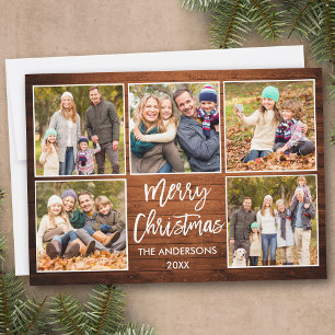 Brush Script Christmas Rustic Wood 5 Photo Holiday Card