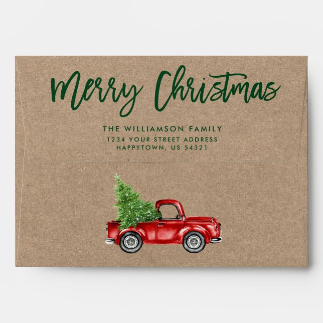 Brush Script Christmas Truck Kraft Green Envelope (Back (Top Flap))