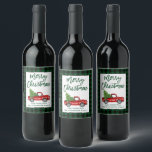 Brush Script Christmas Vintage Truck Green Plaid Wine Label<br><div class="desc">Brush Script Watercolor Vintage Red Truck with Christmas Tree Wine Bottle Label - Green Buffalo Plaid</div>