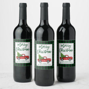 Brush Script Christmas Vintage Truck Green Plaid Wine Label