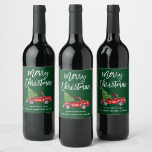 Brush Script Christmas Vintage Truck Green Wine Label