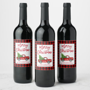 Brush Script Christmas Vintage Truck Red Plaid Wine Label