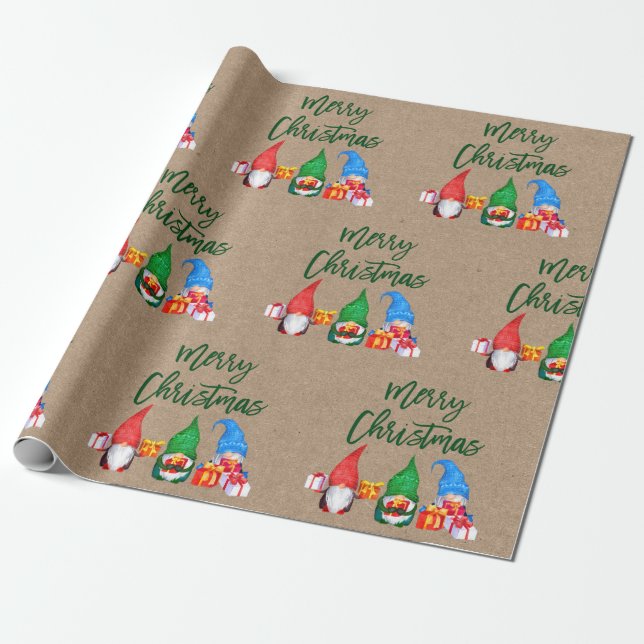 Brush Script Christmas Watercolor Gnomes Kraft Wrapping Paper (Unrolled)