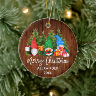 Brush Script Christmas Wood Watercolor Gnomes Ceramic Tree Decoration